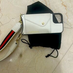 Bandolier iPhone 14 adjustable crossbody case ivory /gold strap red blue ivory